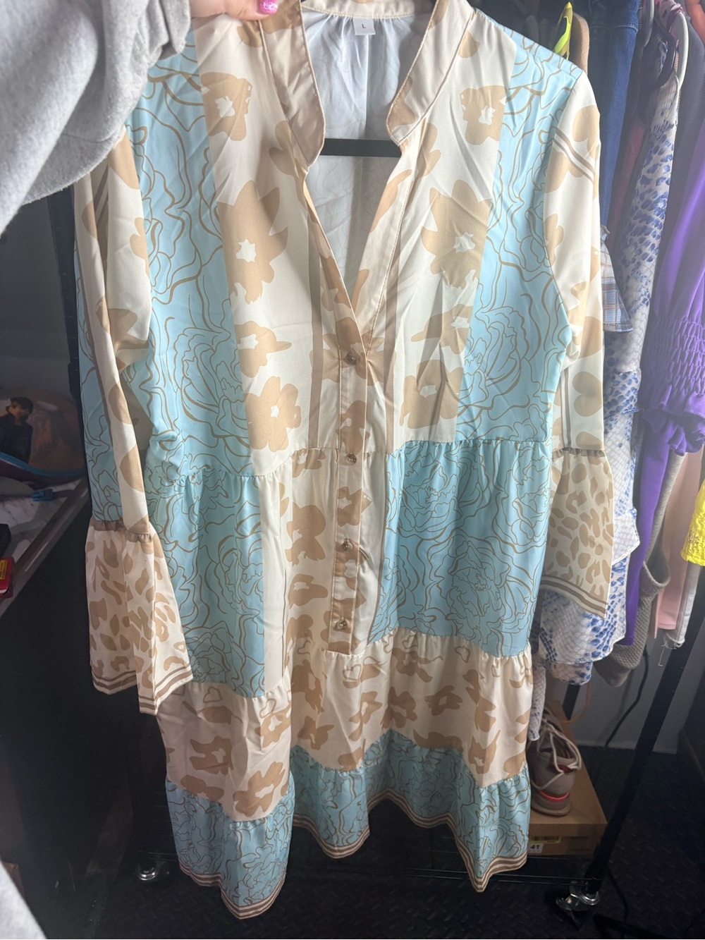 Light Blue and Beige Floral Button-Front Tiered Dress